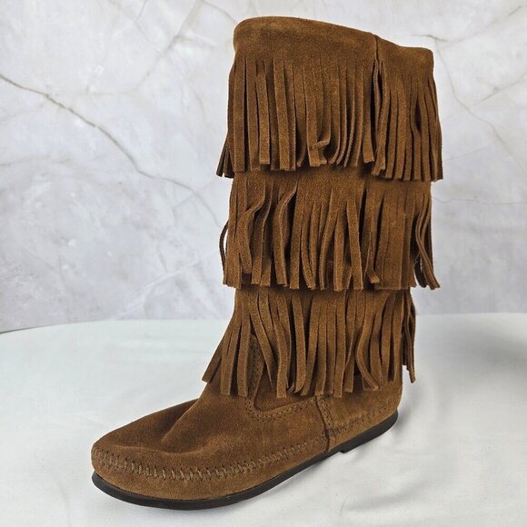 Minnetonka Size 7 3-Layer Fringe Boot Brown Suede Leather Pull On Style NWOT - Picture 6 of 14